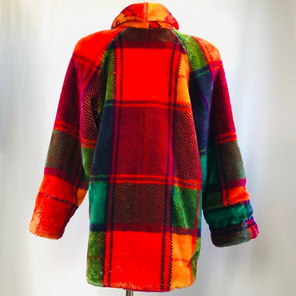 Monterey Fashions VTG Women's Rainbow Plaid Faux Fur Coat/Jacket Size Med Petite - Picture 4 of 13
